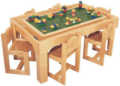 Strictly For Kids Mainstream Lego Table for 6 Children, wooden Lego table with built-in green Lego playing surface and surrounding chairs for kids